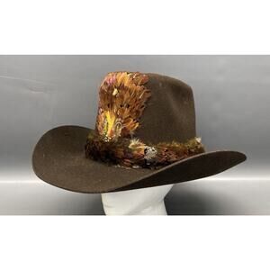 Vtg Authentic Western Trails Prime Felt Cowtown Brown Cowboy Hat Feathers 7 1/8